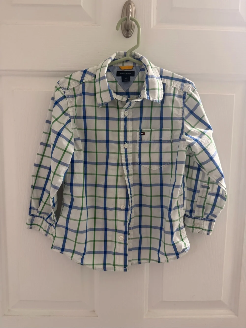 Tommy Hilfiger White Button-Down Shirt with Blue & Green Plaid